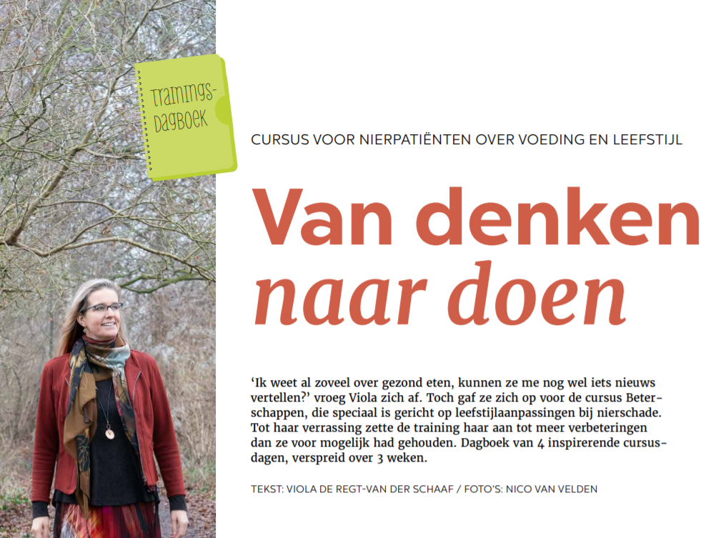 Wisselwerking-pagina: 'Van denken naar doen' — cursus voor nierpatiënten over voeding en leefstijl, met foto van deelneemster Viola